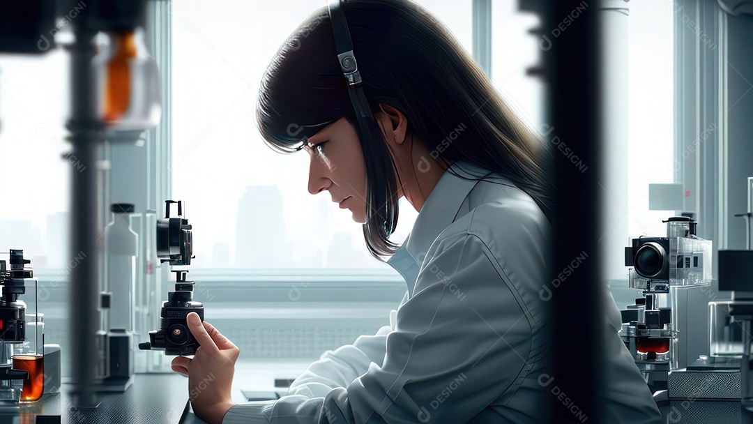 Imagem realista de pessoa jovem biomédico sobre laboratório.