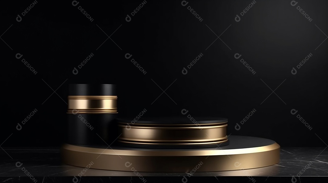 Pódio preto com elementos dourados sobre fundo preto