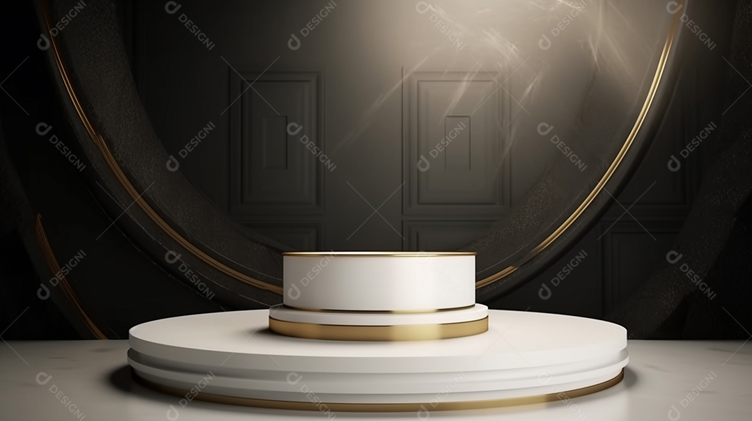 Pedestal branco sobre fundo preto. Pódio de luxo para apresentação de produtos.