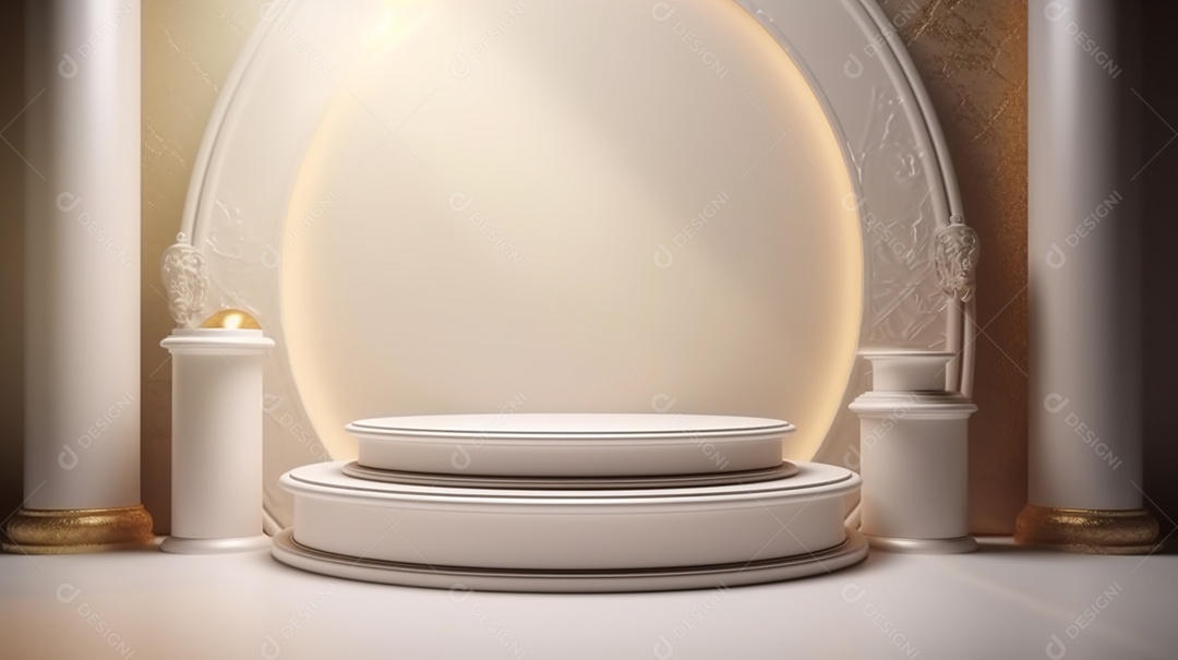 Pedestal branco sobre fundo preto. Pódio de luxo para apresentação de produtos.