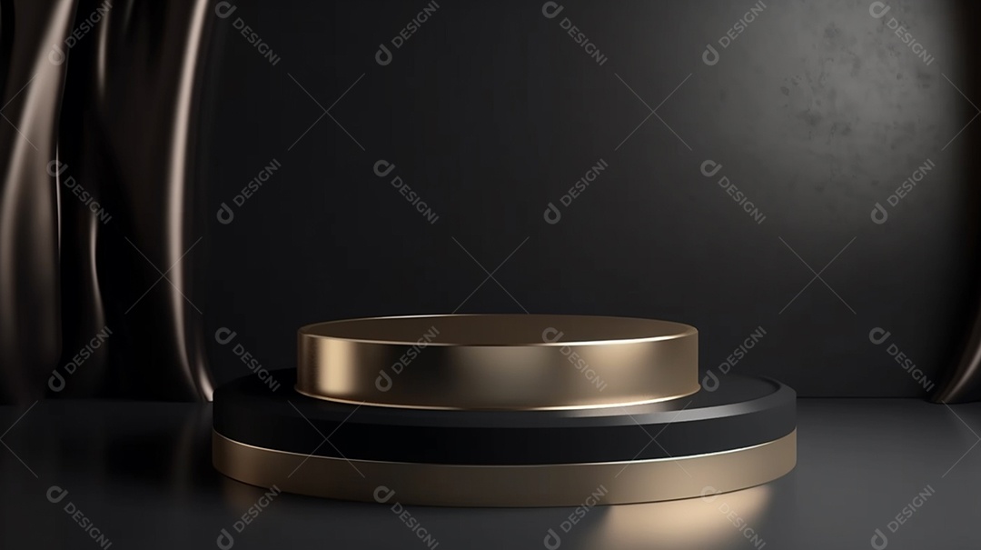 Pódio preto com elementos dourados sobre fundo preto