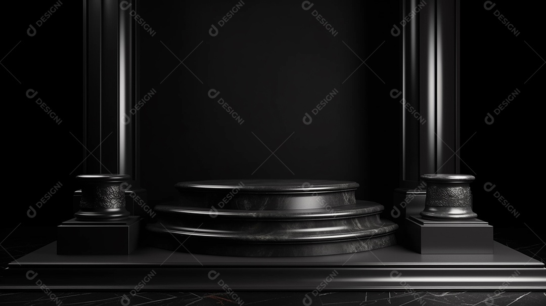 Pódio preto com elementos dourados sobre fundo preto