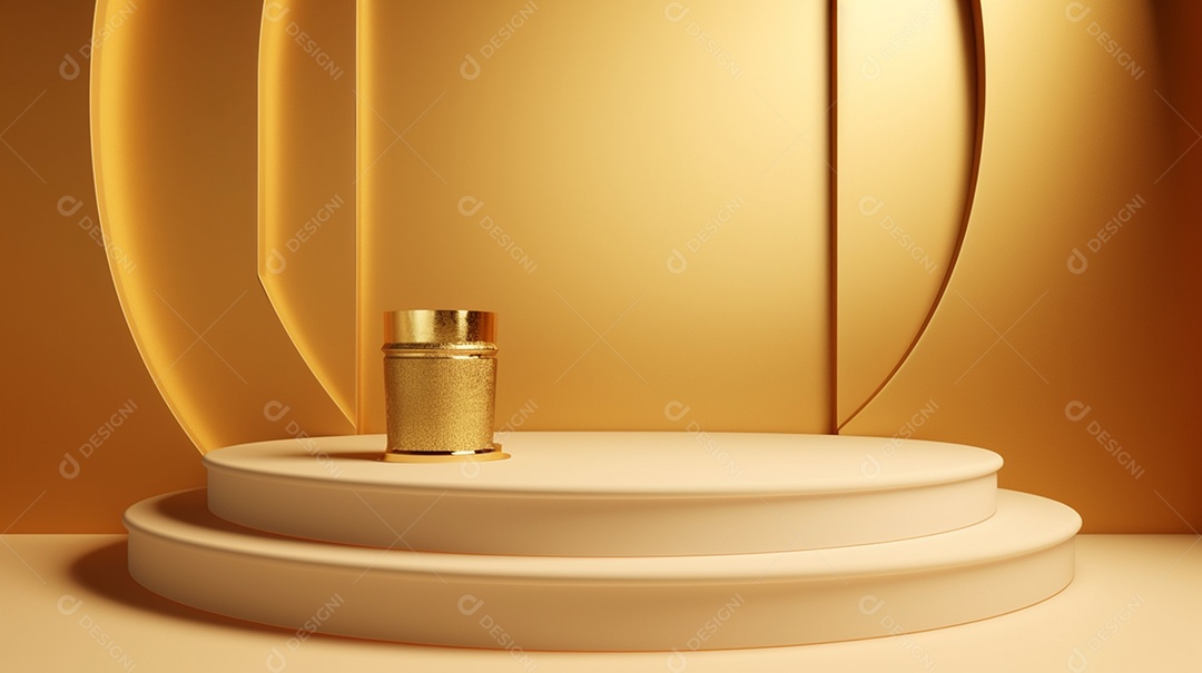 Pódio dourado sobre fundo dourado de luxo. Pódio de produtos de luxo