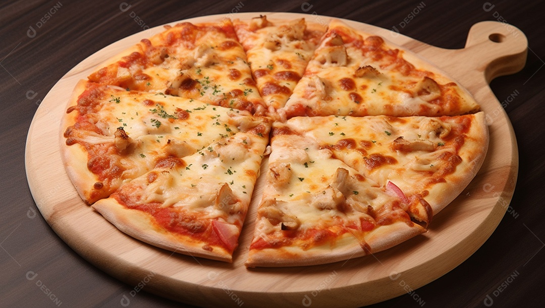 Deliciosa pizza assada sobre mesa de madeira