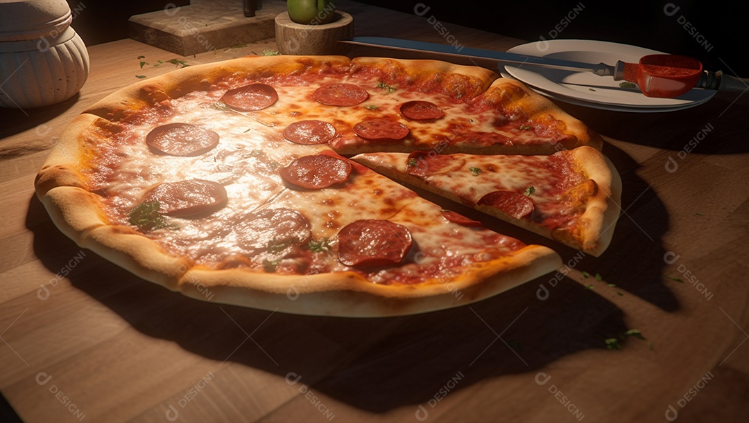 Deliciosa pizza assada sobre mesa de madeira