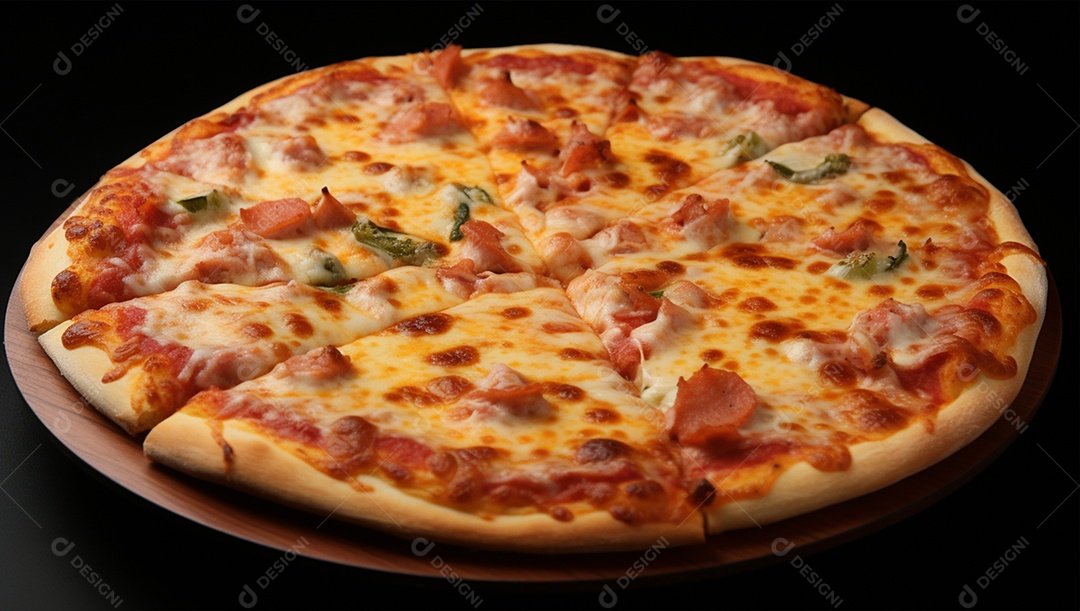 Deliciosa pizza assada sobre mesa de madeira