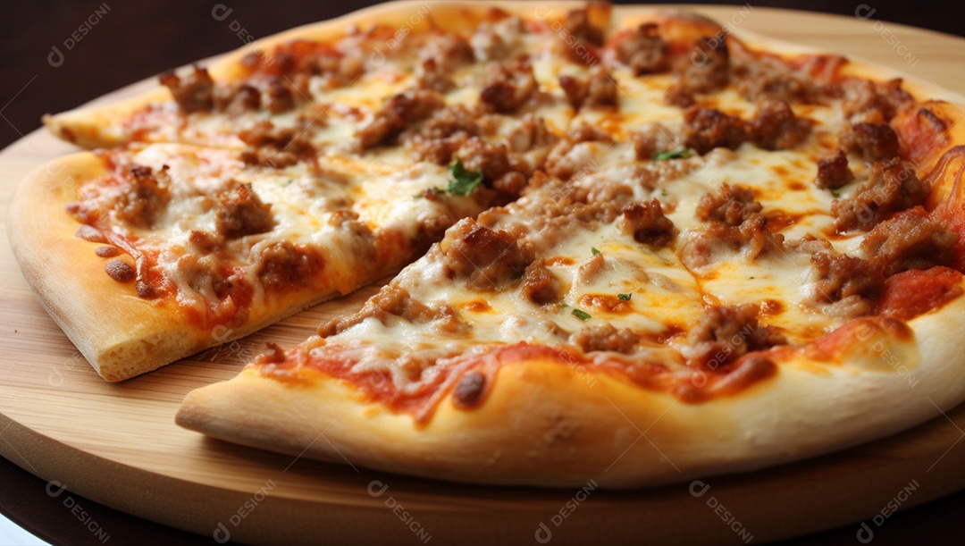 Deliciosa pizza assada sobre mesa de madeira