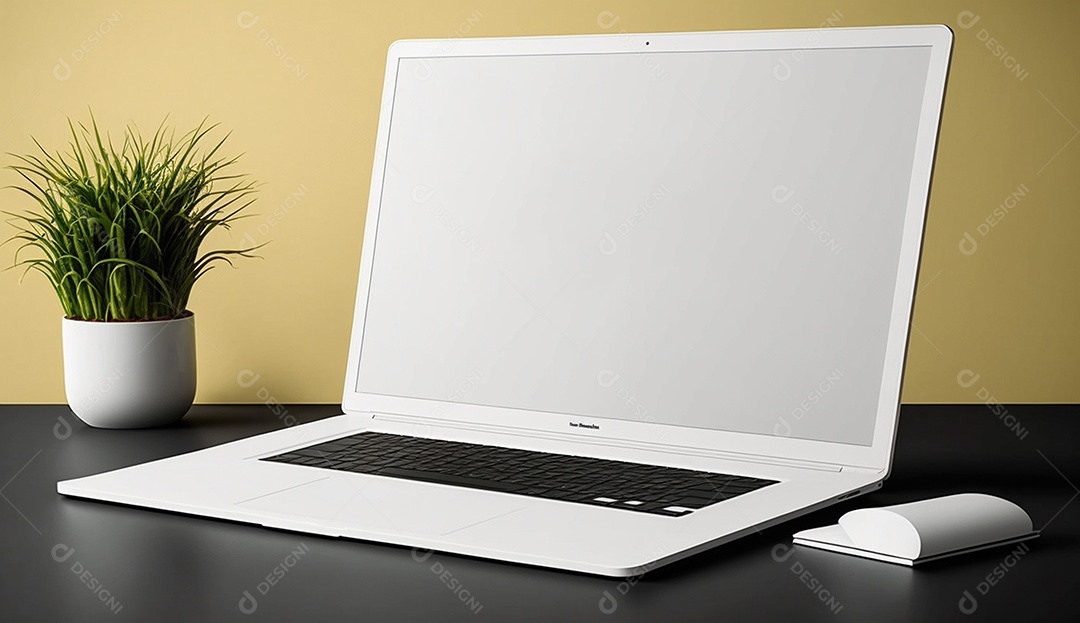 Laptop com folhas verdes em fundo branco