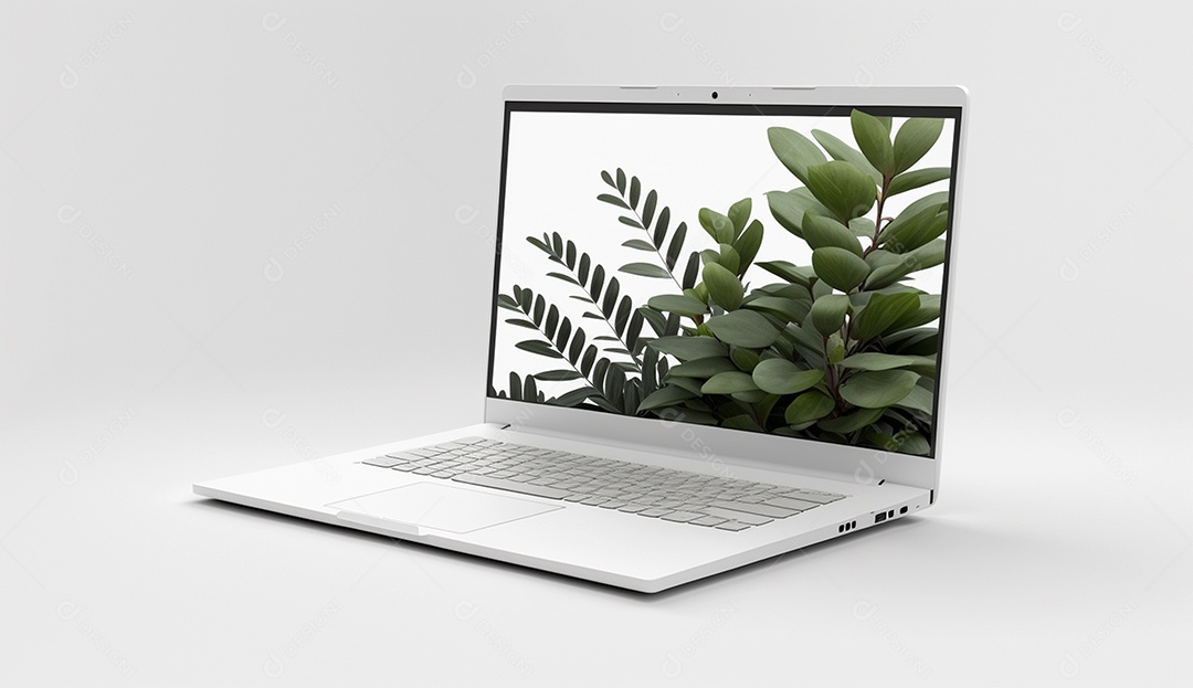 Laptop com folhas verdes em fundo branco
