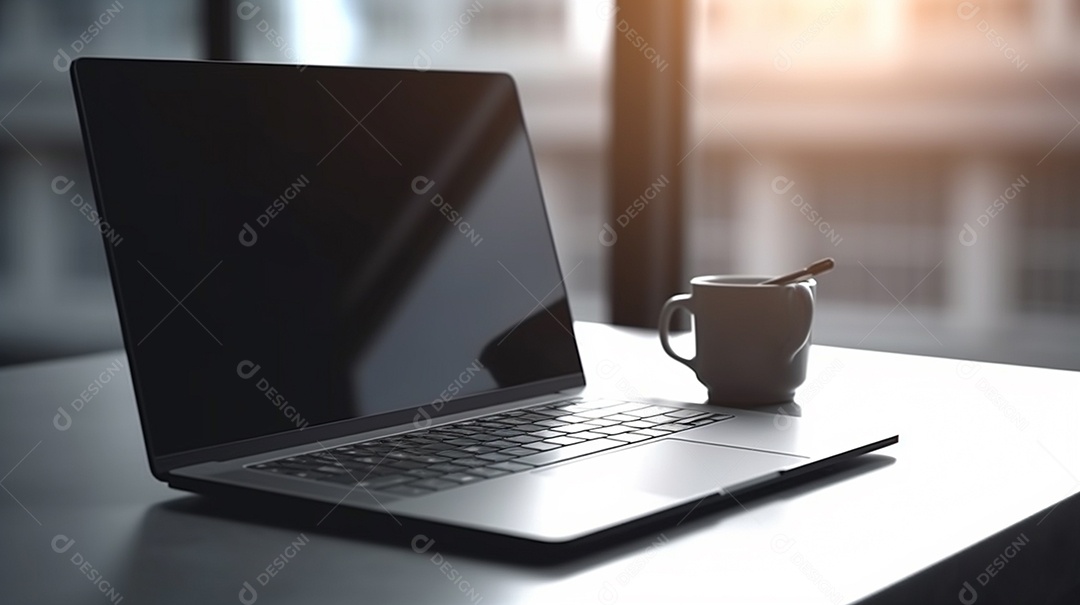 Laptop preto na mesa no escritório, maquete de laptop com tela preta