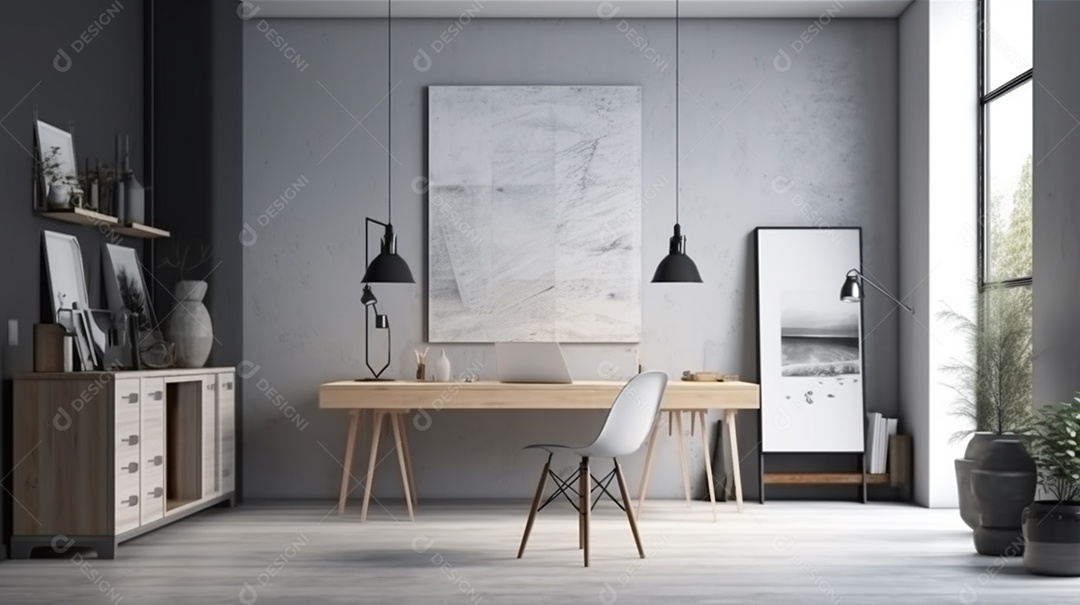 Interior do escritório moderno com paredes cinzentas