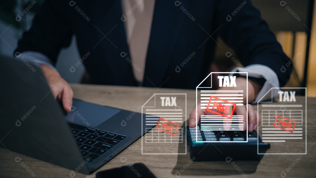 A mulher usa um computador que preenche a renda corporativa e pessoal