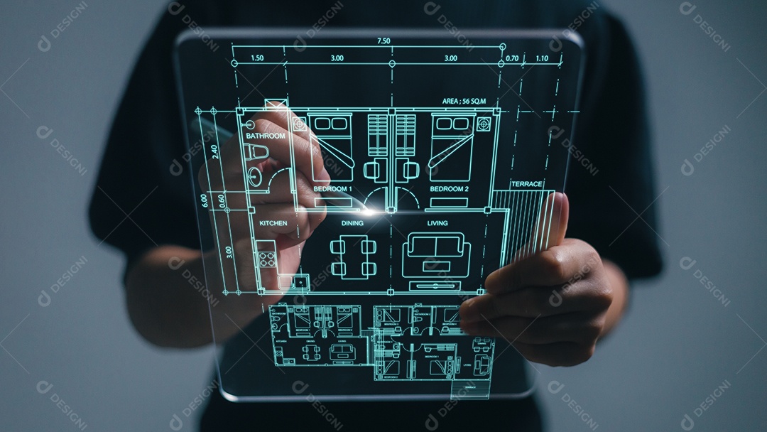 Arquiteto mostrando novo projeto de casa na tela de interface virtual futurista.