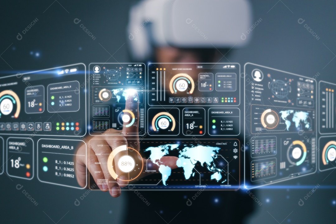 Cientistas de dados. um programador usa vidro VR para analisar e desenvolver várias informações em uma tela de interface virtual futurista.