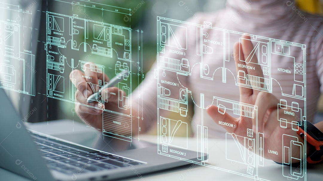 Arquiteto mostrando novo projeto de casa na tela de interface virtual futurista.