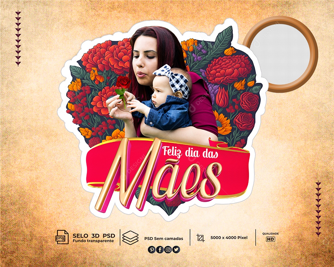 Selo 3D Para Composição Feliz Dia Das Mães PSD