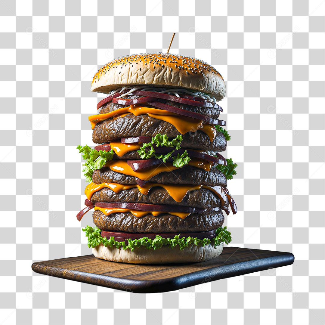 Hamburguer Sobre Tábua de Madeira PNG Transparente