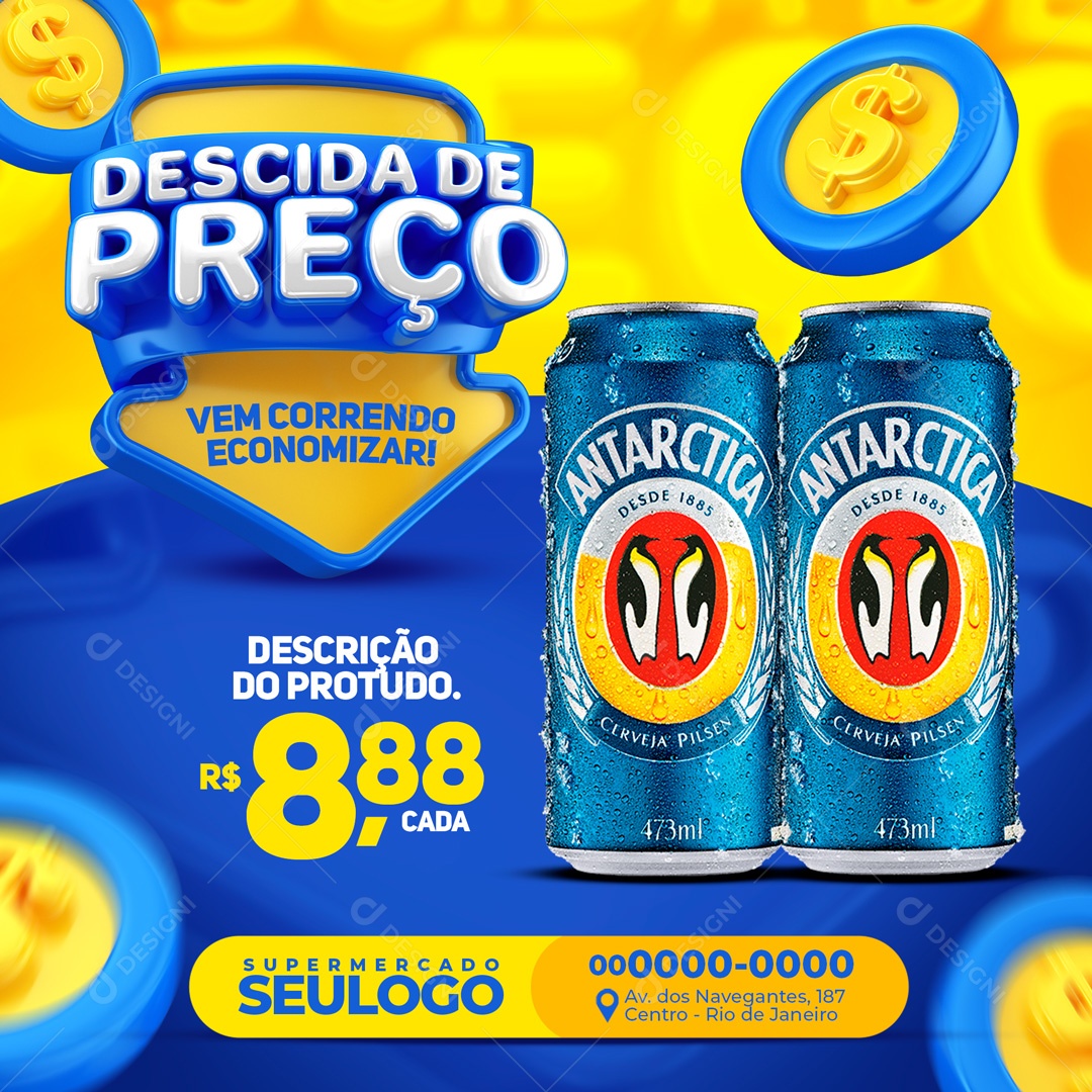 Social Media Descida De Preço Cerveja Antártica PSD Editavel