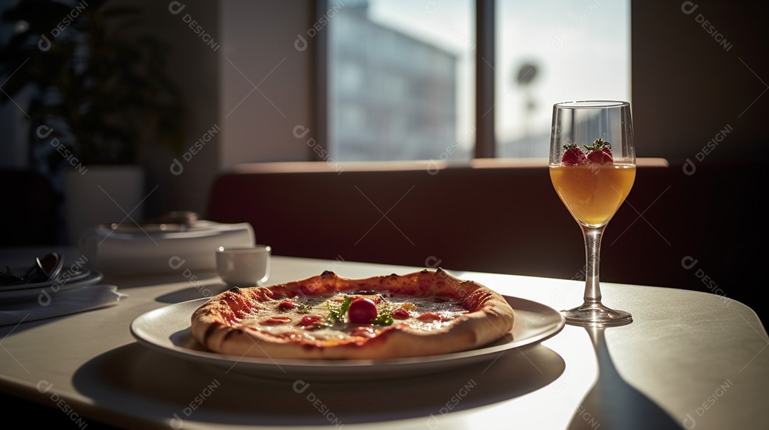 Deliciosa pizza sobre uma mesa de pizzaria ao lado de copo de bebida