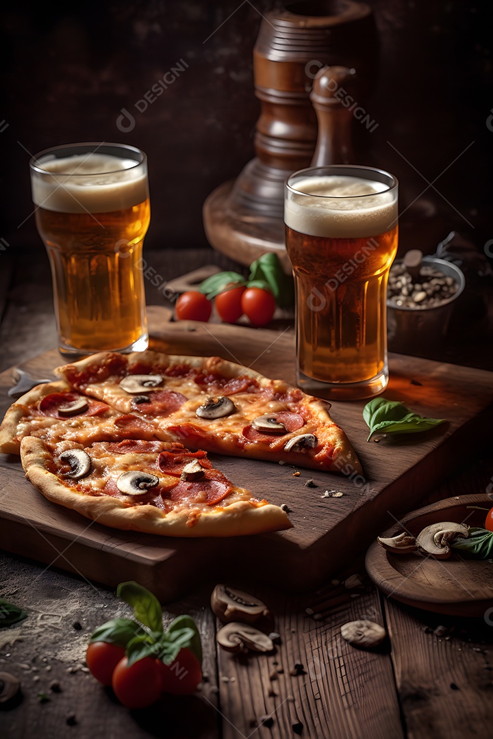 Deliciosa pizza sobre uma mesa de pizzaria ao lado de copo de cerveja