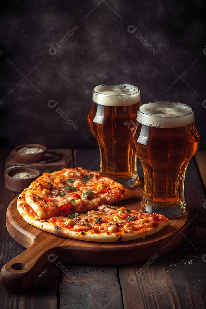 Deliciosa pizza sobre uma mesa de pizzaria ao lado de copo de cerveja