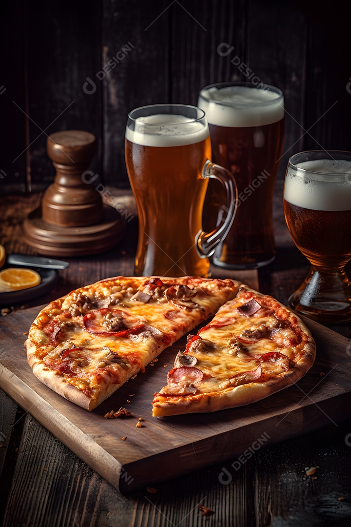 Deliciosa pizza sobre uma mesa de pizzaria ao lado de copo de cerveja