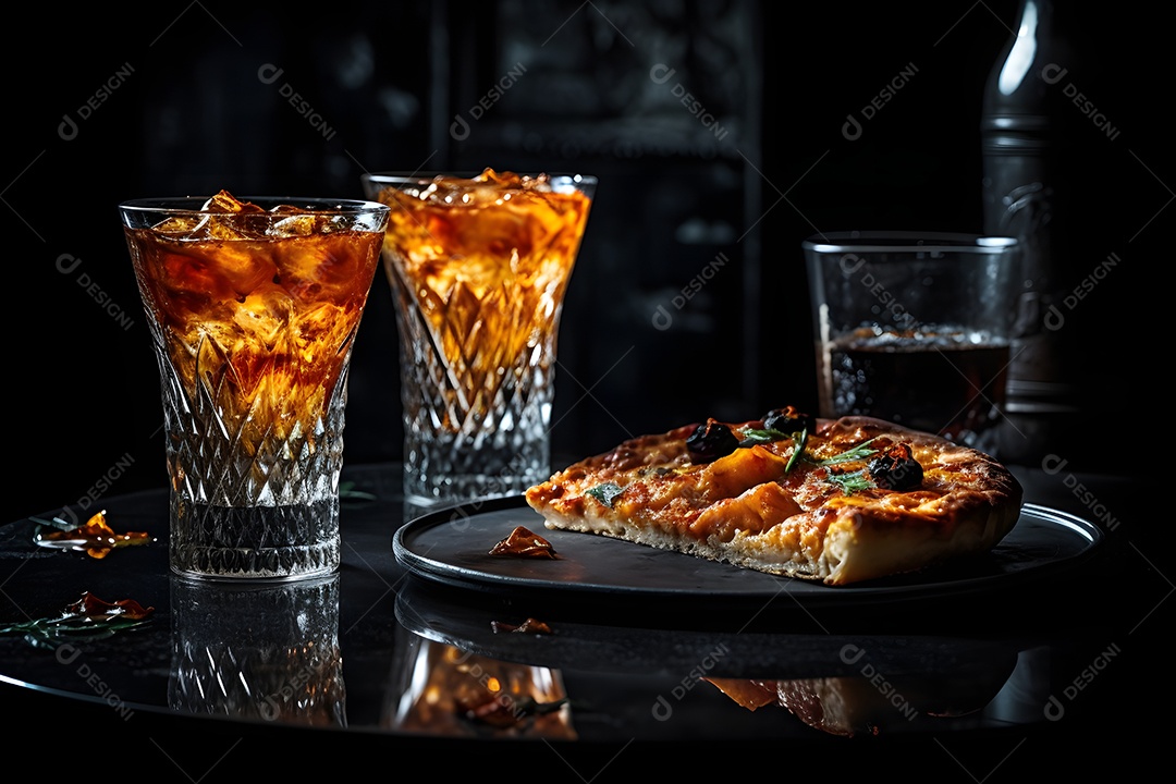 Deliciosa pizza sobre uma mesa de pizzaria ao lado de copo de cerveja