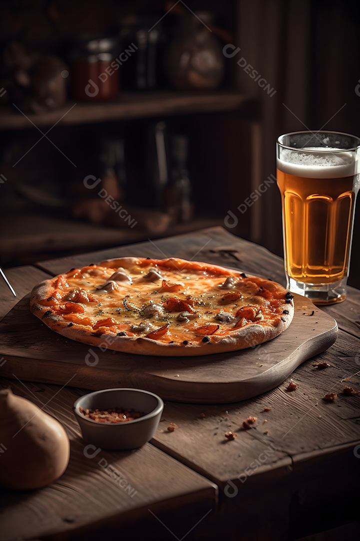 Deliciosa pizza sobre uma mesa de pizzaria ao lado de copo de cerveja
