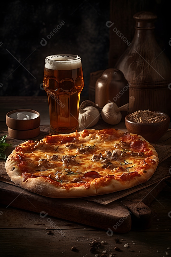 Deliciosa pizza sobre uma mesa de pizzaria ao lado de copo de cerveja