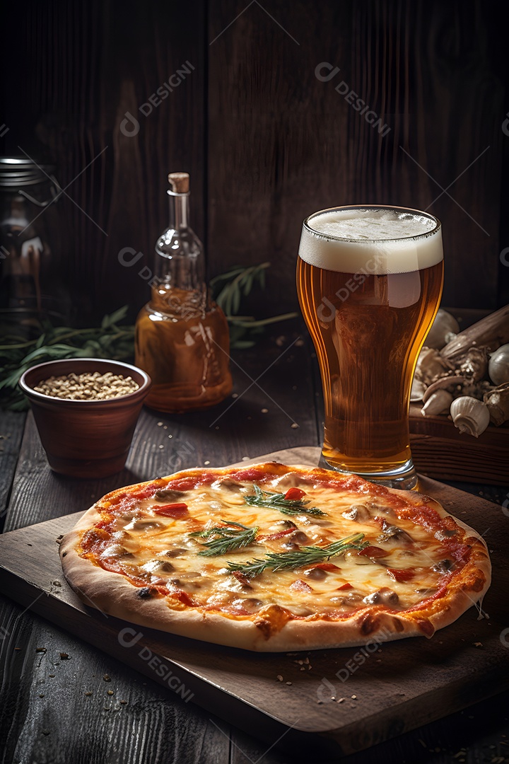 Deliciosa pizza sobre uma mesa de pizzaria ao lado de copo de cerveja