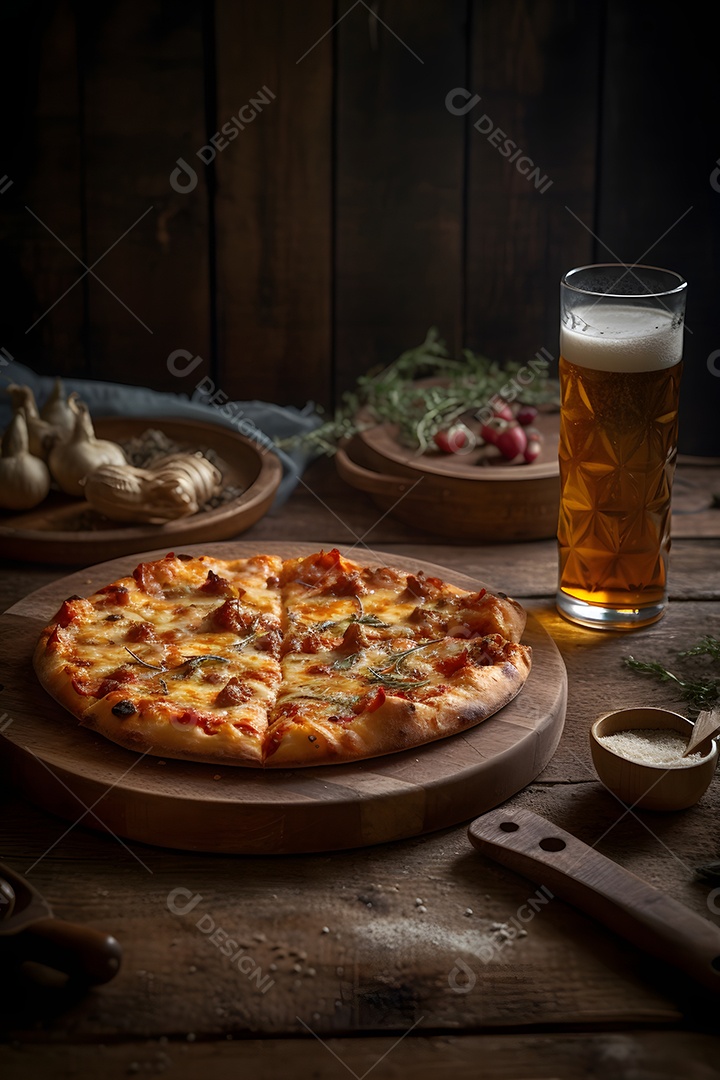 Deliciosa pizza sobre uma mesa de pizzaria ao lado de copo de cerveja