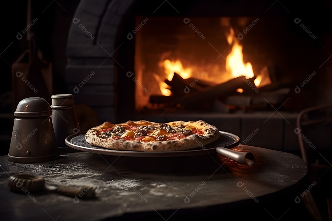 Deliciosa pizza sobre uma mesa de pizzaria