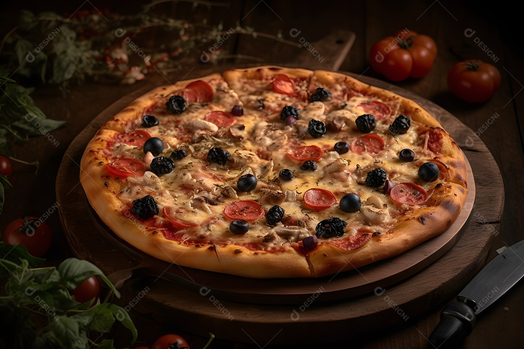 Deliciosa pizza sobre uma mesa de pizzaria