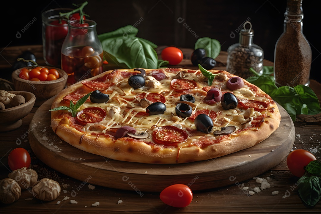 Deliciosa pizza sobre uma mesa de pizzaria