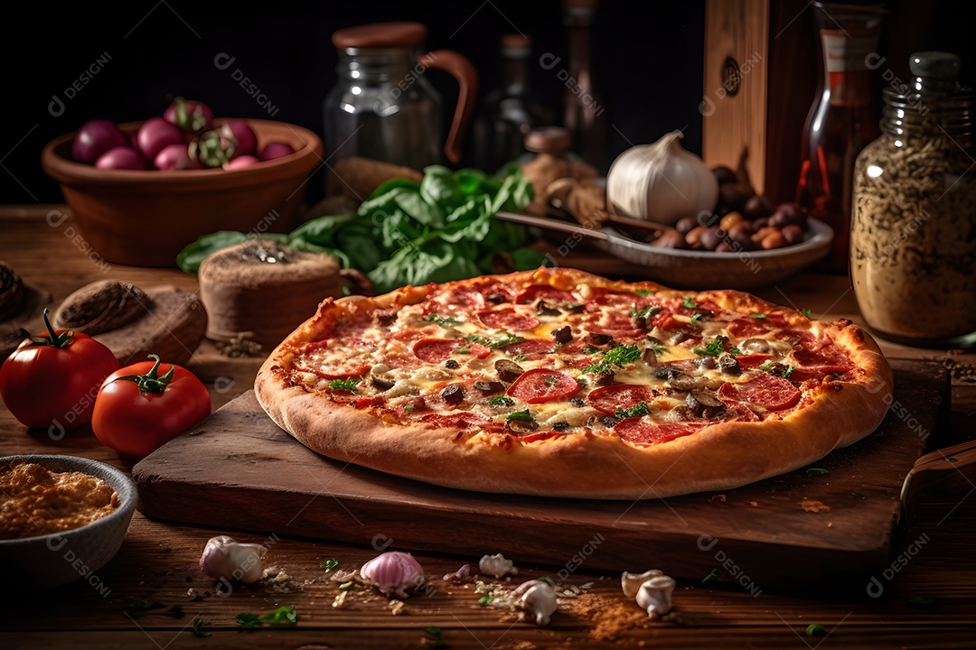 Deliciosa pizza sobre uma mesa de pizzaria