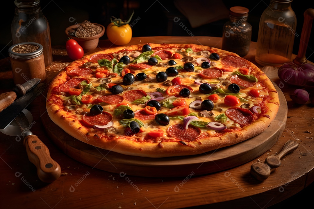 Deliciosa pizza sobre uma mesa de pizzaria