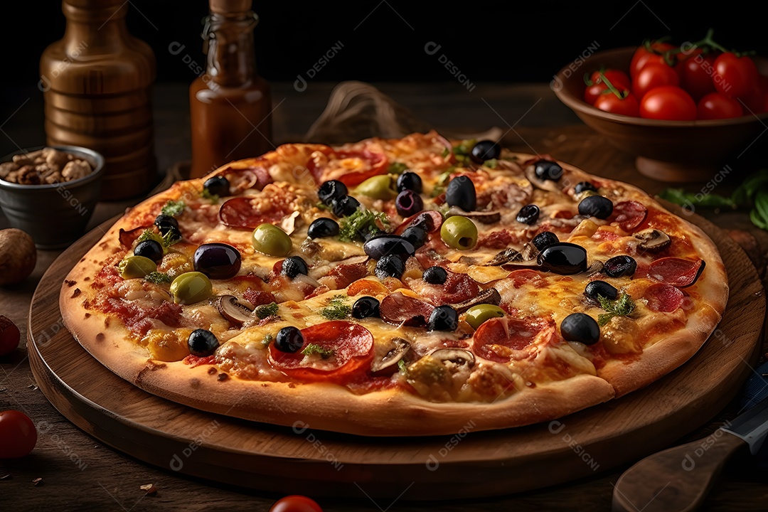 Deliciosa pizza sobre uma mesa de pizzaria