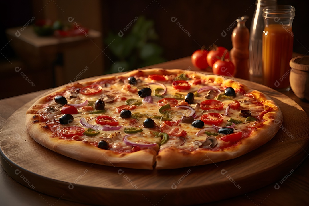 Deliciosa pizza sobre uma mesa de pizzaria