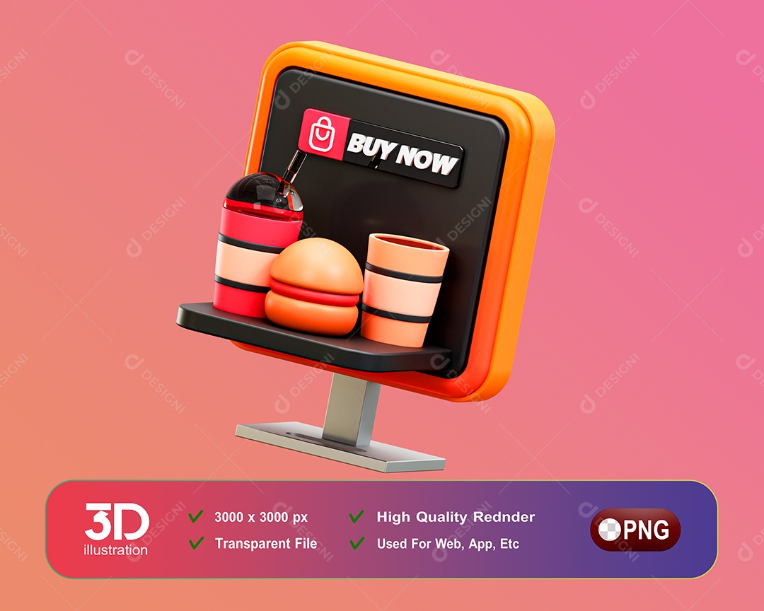 Elemento 3D Computador Com Ícones De Lanche Para Composição PSD