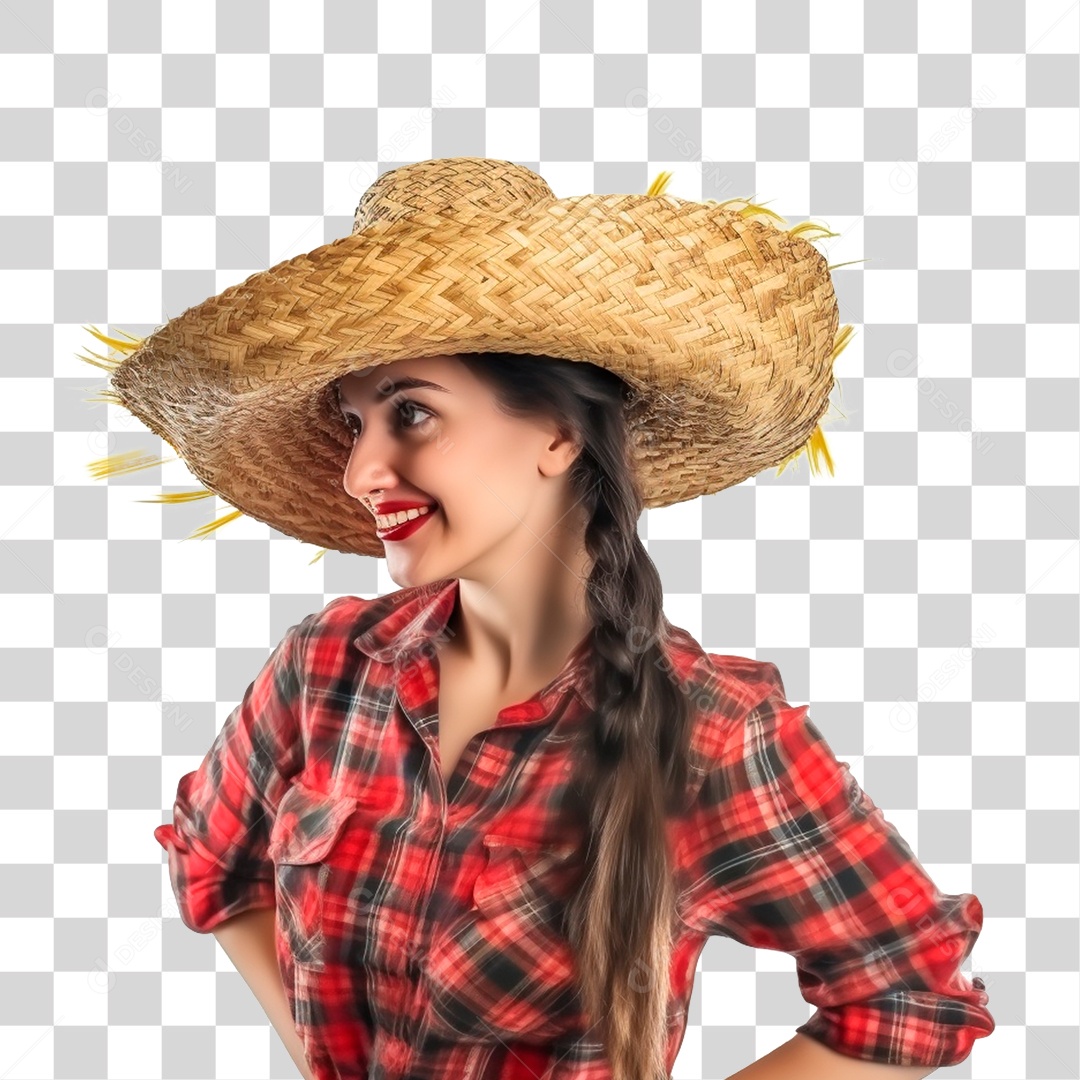 Mulher De Camisa Xadrez E Chapéu De Palha PNG Transparente