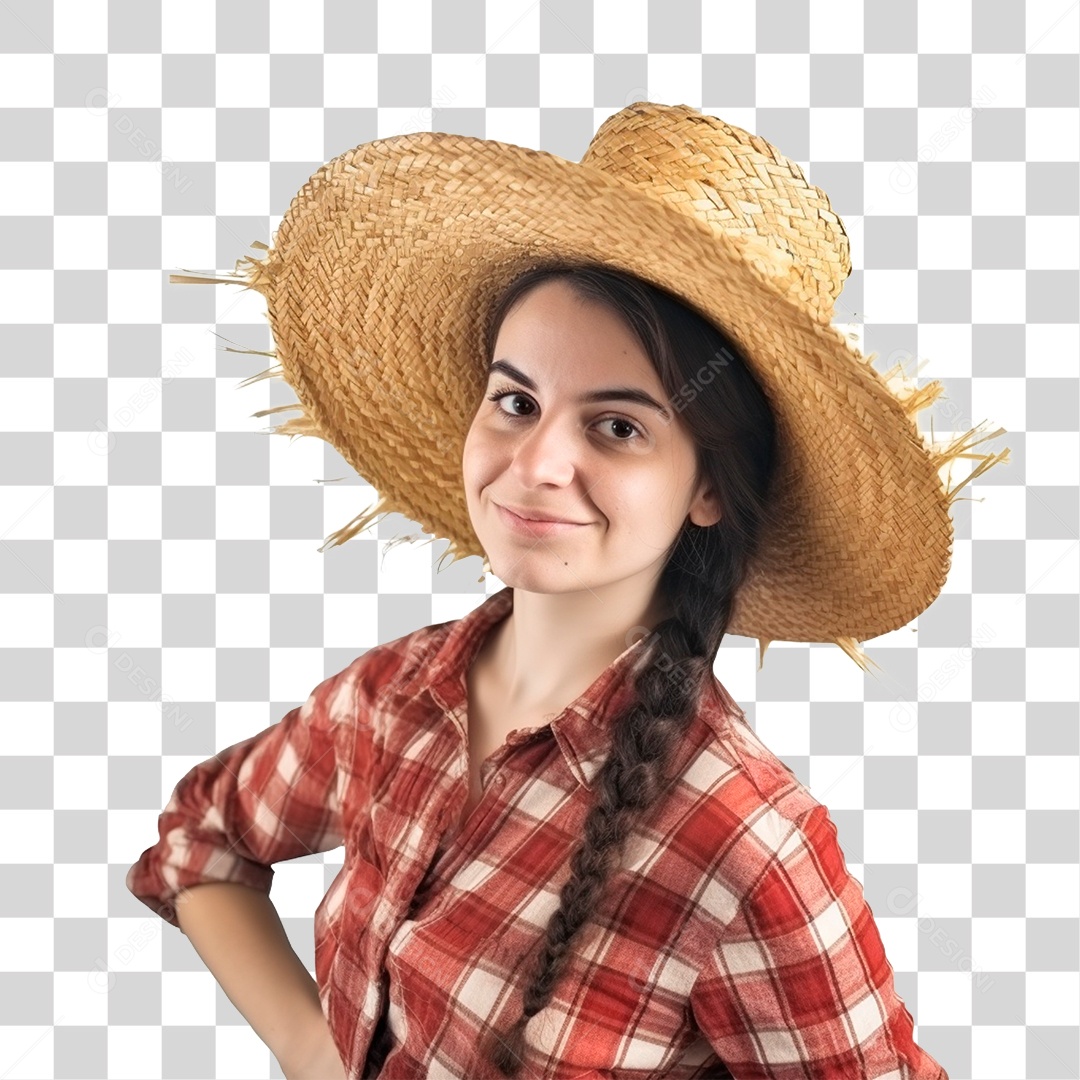 Mulher De Camisa Xadrez E Chapéu De Palha PNG Transparente