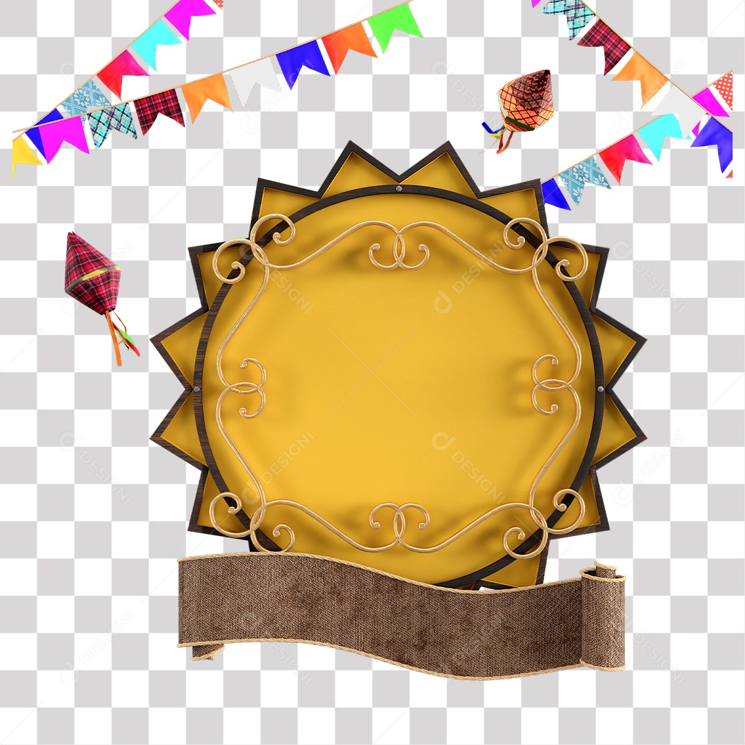 Painel Dourado De Festa Junina Com Bandeiras Elemento 3D De São João PNG Transparente