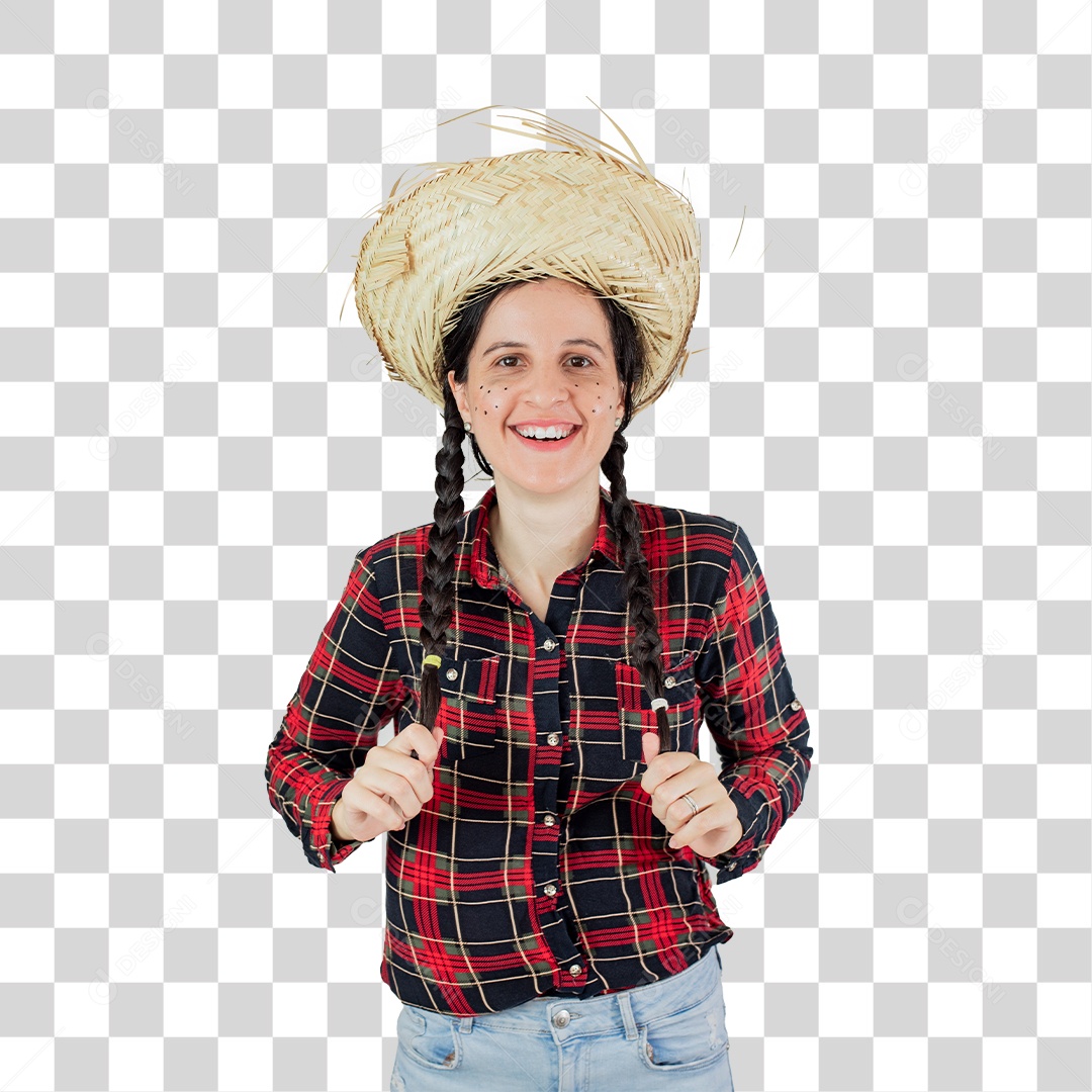 Mulher De Camisa Xadrez E Chapéu De Palha PNG Transparente