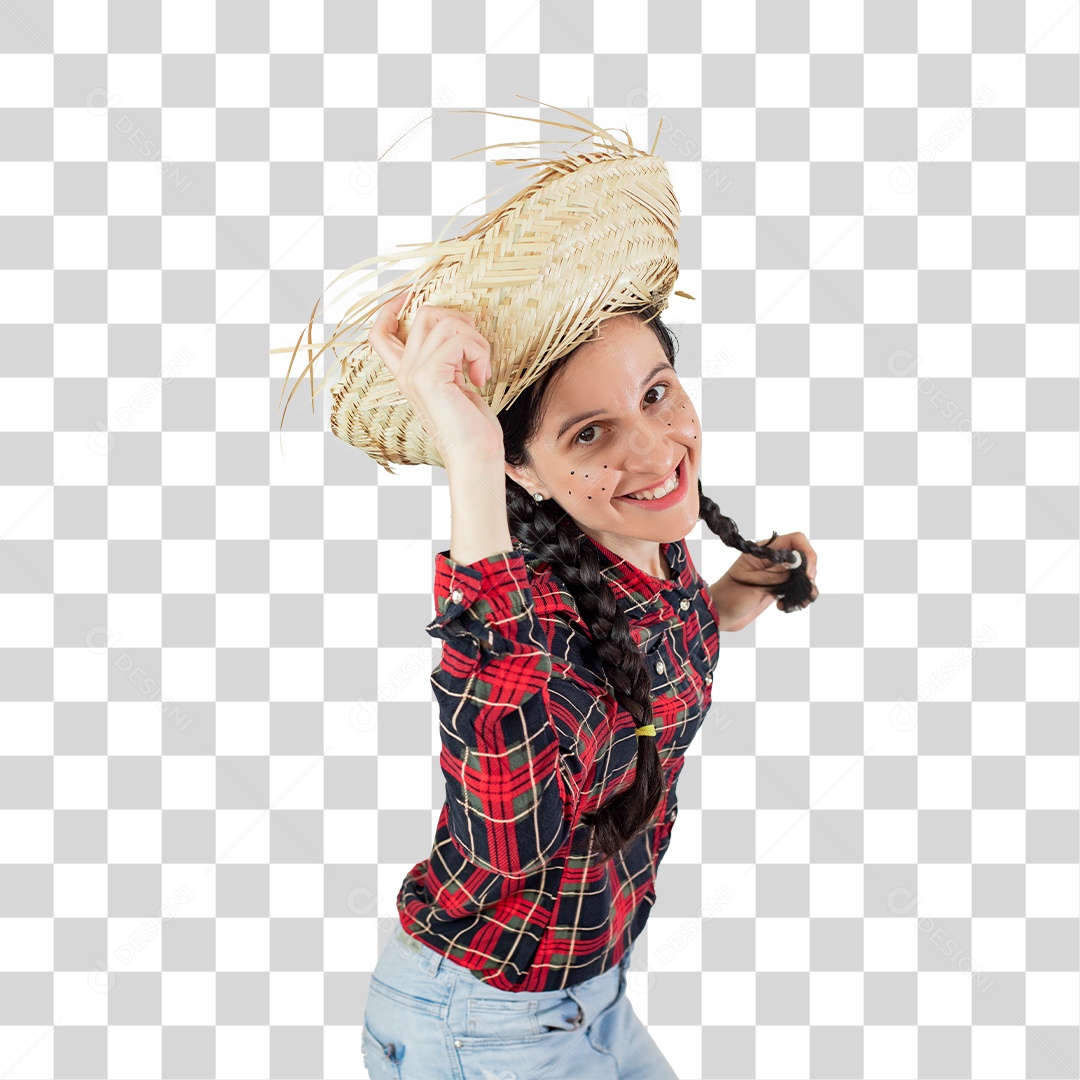 Mulher De Camisa Xadrez E Chapéu De Palha PNG Transparente