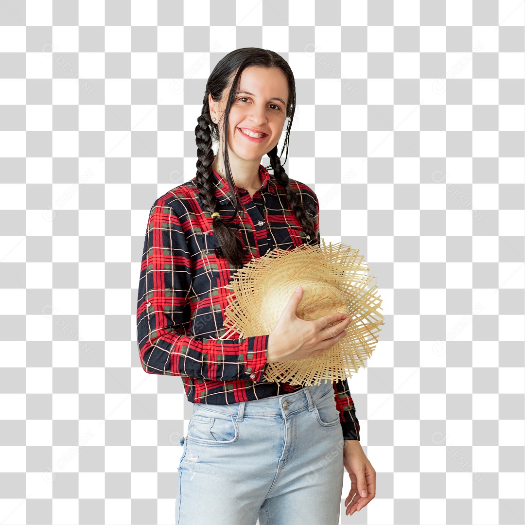 Mulher De Camisa Xadrez E Chapéu De Palha PNG Transparente