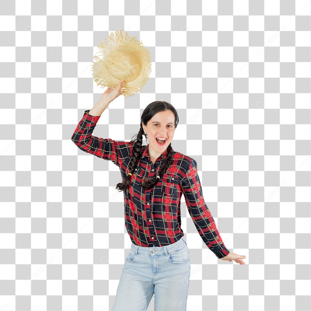 Mulher De Camisa Xadrez E Chapéu De Palha PNG Transparente