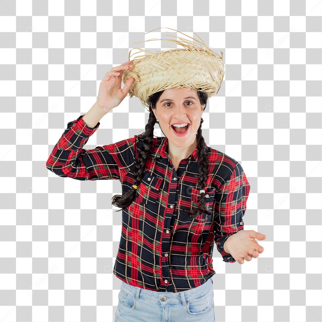 Mulher De Camisa Xadrez E Chapéu De Palha PNG Transparente