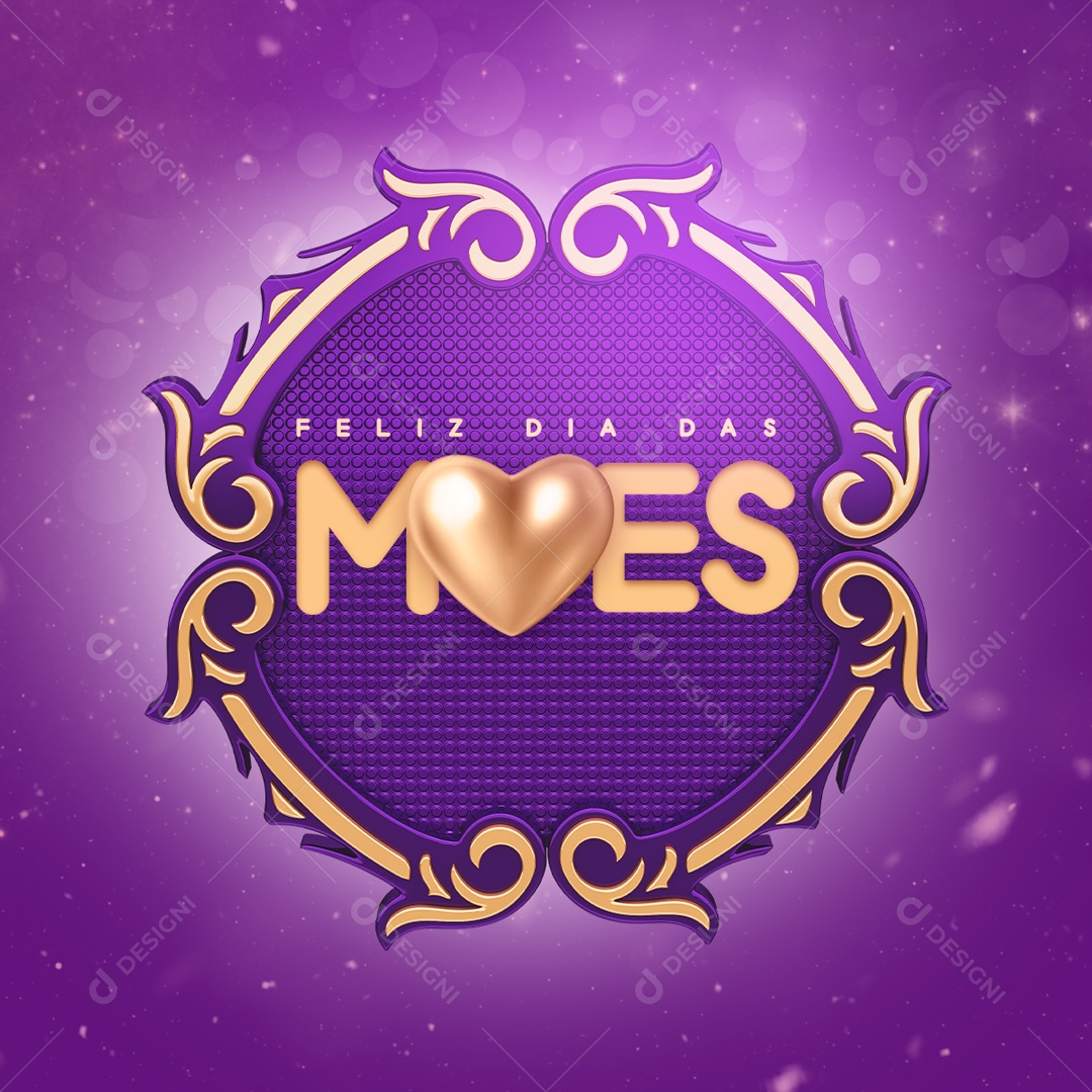 Selo 3D Feliz Dia Das Mães Moldura Roxa Para Composição PSD