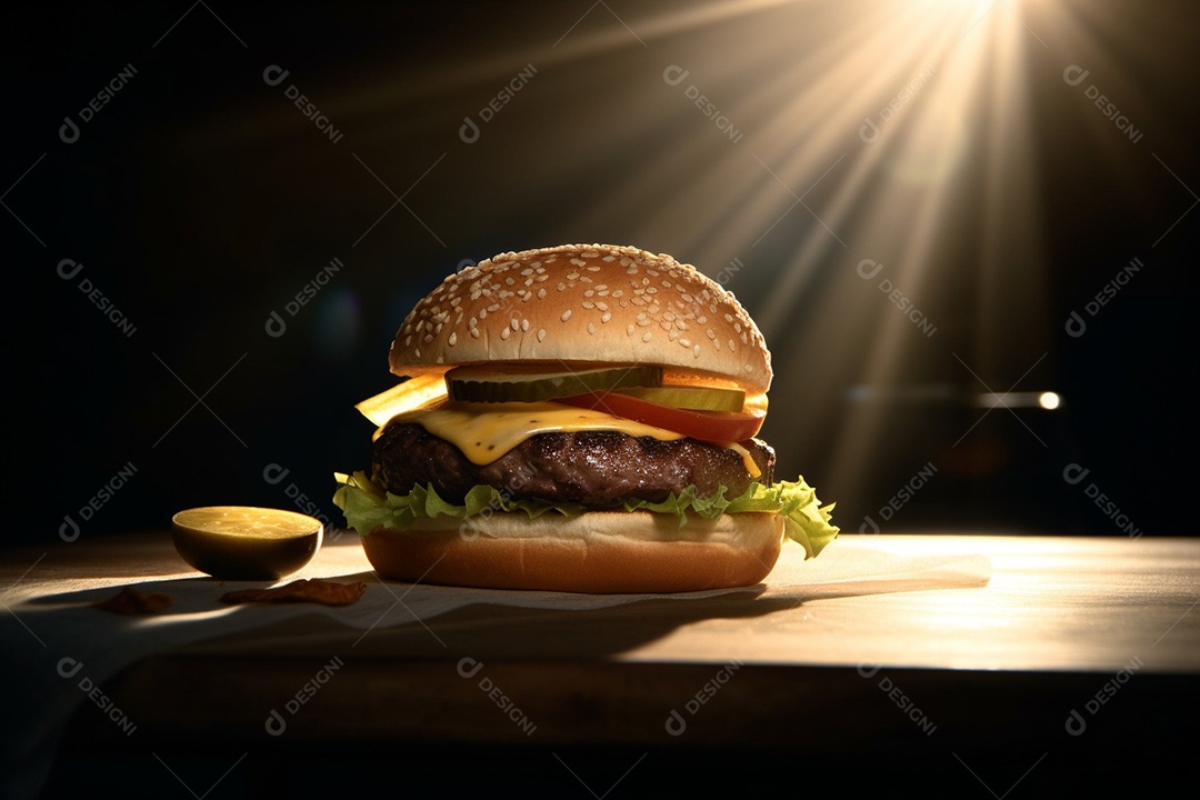 Delicioso Hambúrguer sobre uma mesa de madeira
