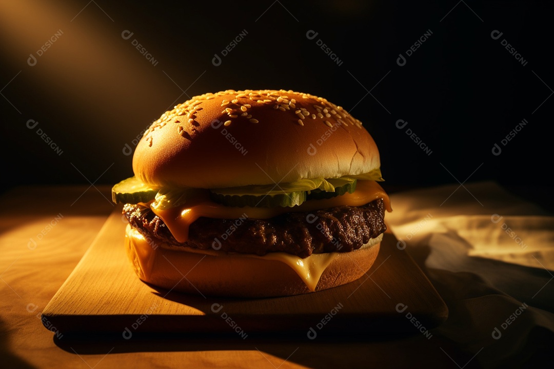 Delicioso Hambúrguer sobre uma mesa de madeira